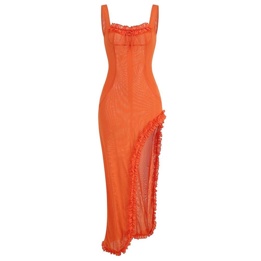 Sexy Body Contouring Dress  With Thigh High Slit, Transparent, Red Carpet Look