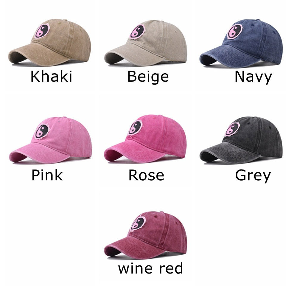 Distressed Pure Cotton  Baseball Cap with an Embroidered Pink and Black Yin-Yang Logo