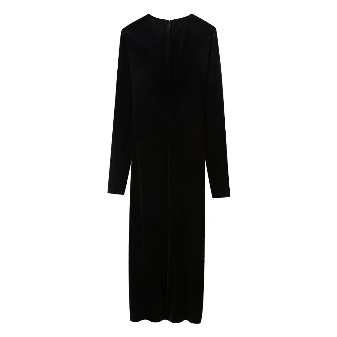 Long Sleeve Velvet Midi Dress With Rhinestone Design