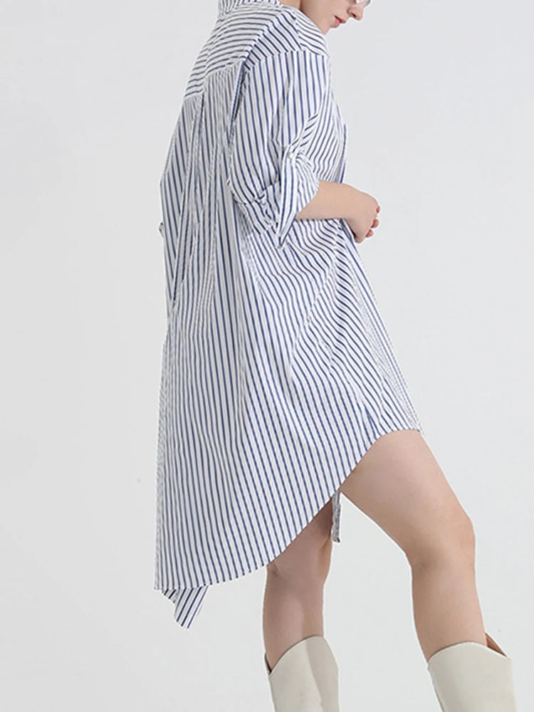 Asymmetrical Striped Mini Shirt  Dress