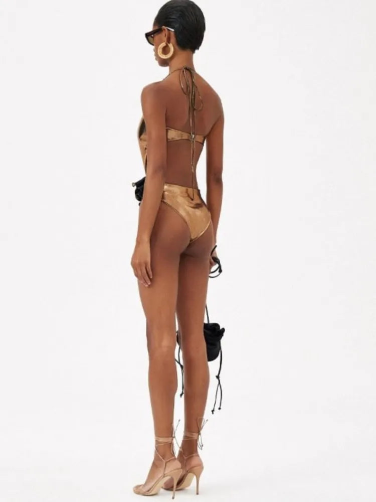 Metallic Gold Cut-Out Swimsuit with Oversized Rose Detail
