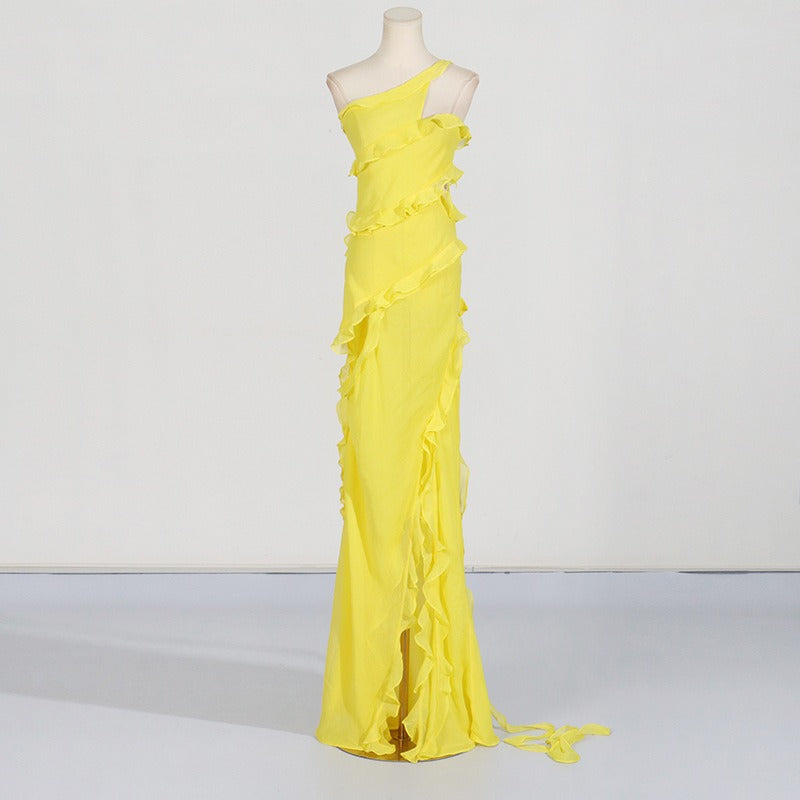 Elegant style one shoulder dress long Sunflower Yellow Dress