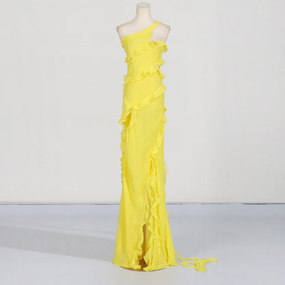 Elegant style one shoulder dress long Sunflower Yellow Dress