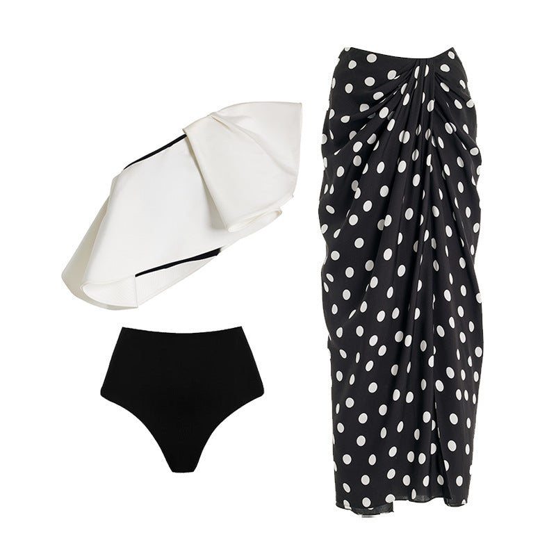 Monochrome Glam One-Shoulder Swimsuit Set with Polka Dot Wrap Skirt
