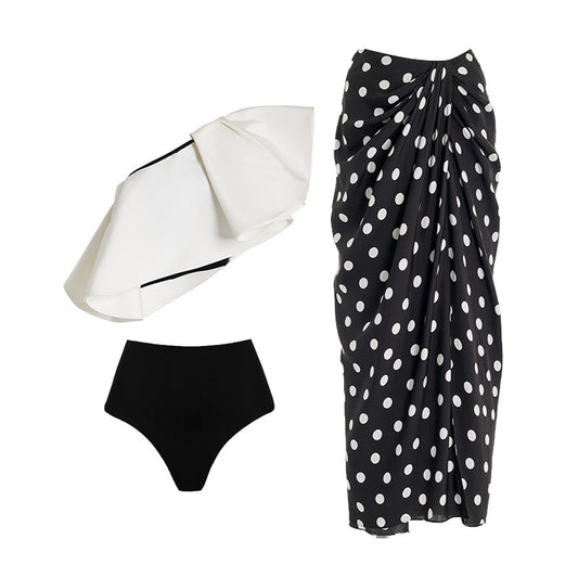 Monochrome Glam One-Shoulder Swimsuit Set with Polka Dot Wrap Skirt