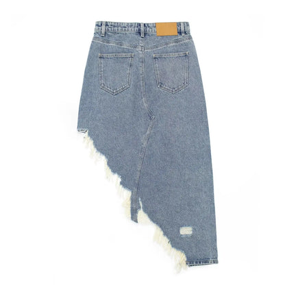 Women's Washed Blue Denim Skirt with Stylish Assymetric Torn Hemline