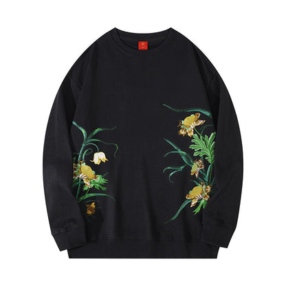 Chinese Influenced Sweatshirt With Embroidered Floral Patterns