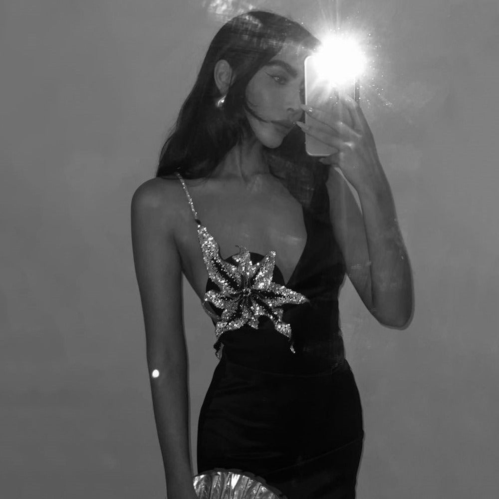 Chic One Shoulder Slim Fitting  Mini Dress with a Diamond Sunflower Design
