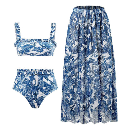 Three-piece Set of Retro Style Print Swimsuits Paired with a Matching Sarong in Multiple Designs