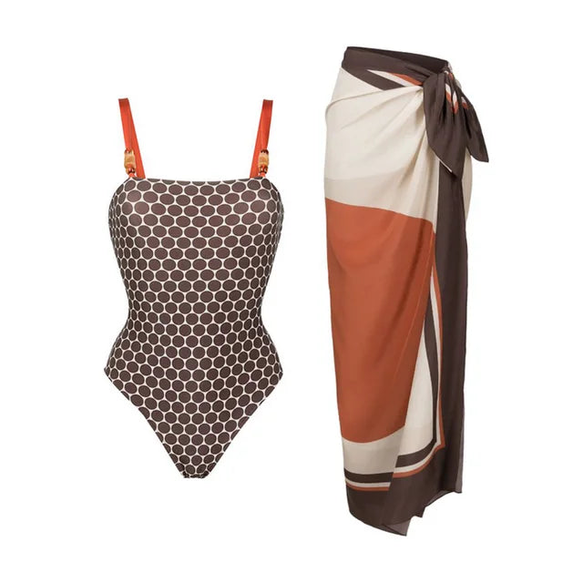 Reversible Retro Dot One-Piece Swimsuit with Colorblock Sarong - 2-in-1 Beach Set