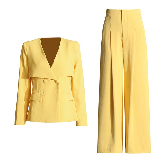 V-neck Jacket+High Waisted pleated Wide Leg Pant Suit