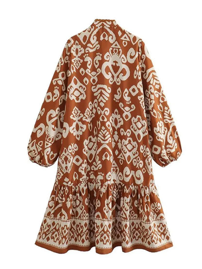 Vintage Print Loose Dress with Lace