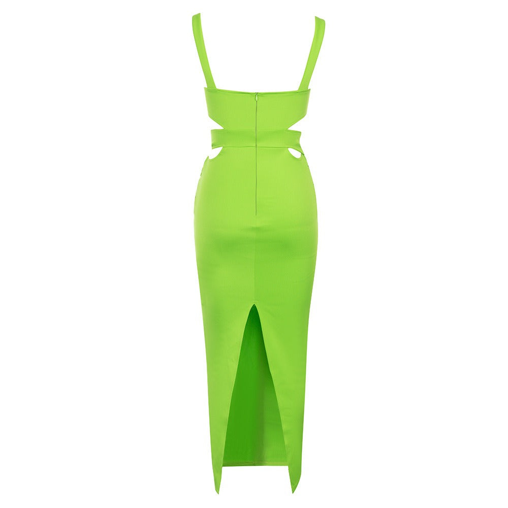 Elegant Florescent Green Figure Hugging Stretchy Dress With Side Cut-outs