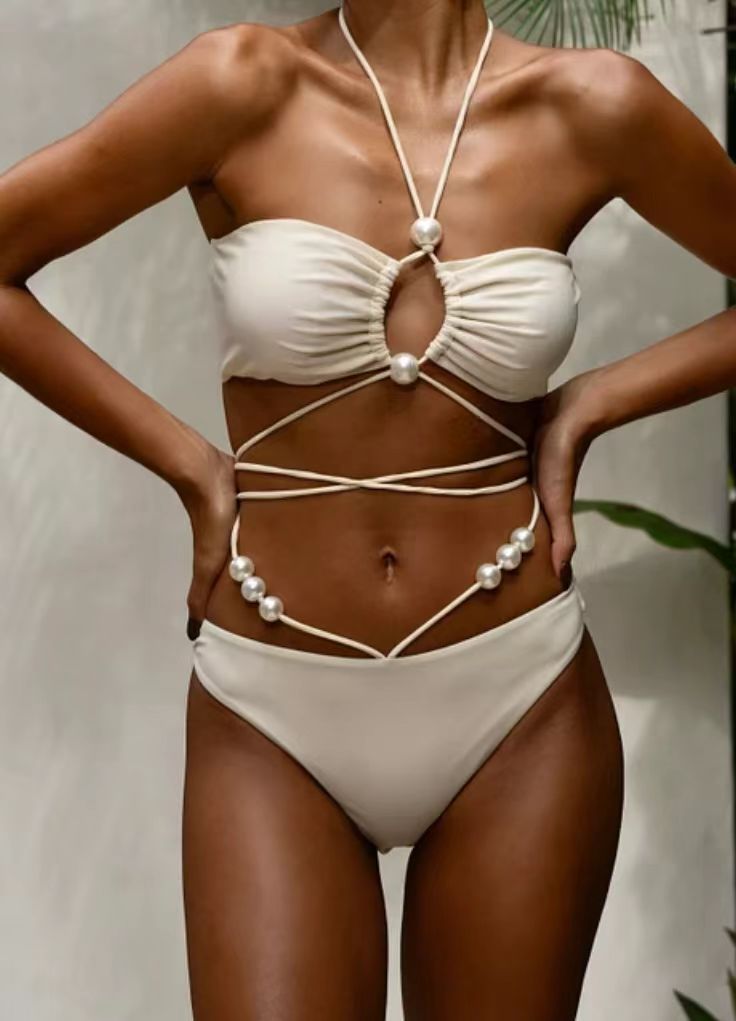 Pearl Accent Cut-Out Bikini Set – Ivory Elegance