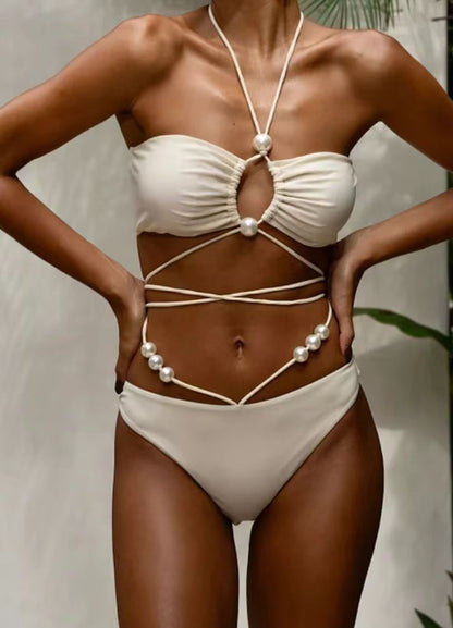 Pearl Accent Cut-Out Bikini Set – Ivory Elegance