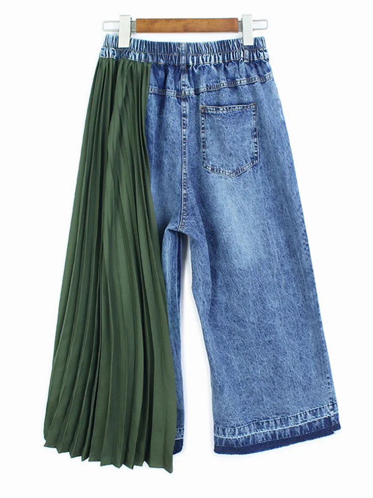 Elastic Waist Denim Pleated Wide Leg Pants