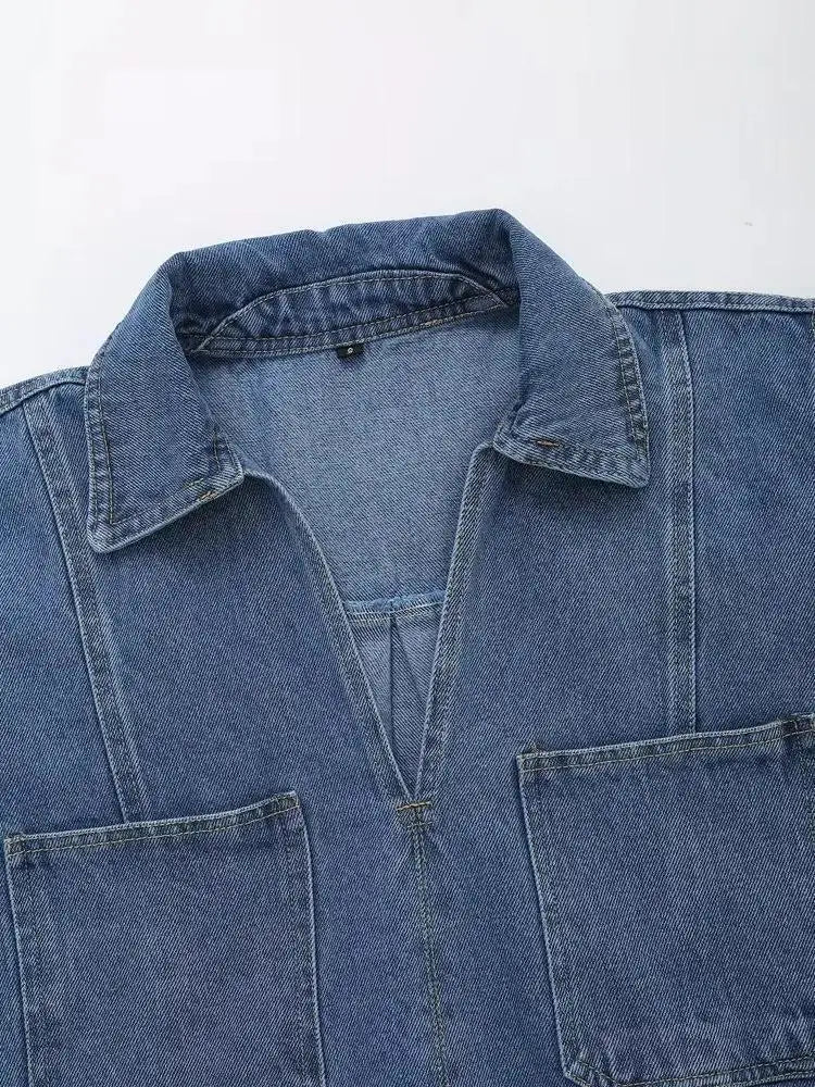 Cropped V-Neck Denim Shacket with Oversized Patch Pockets