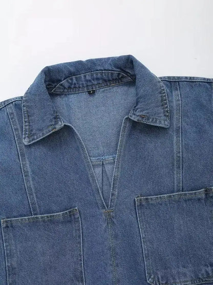 Cropped V-Neck Denim Shacket with Oversized Patch Pockets