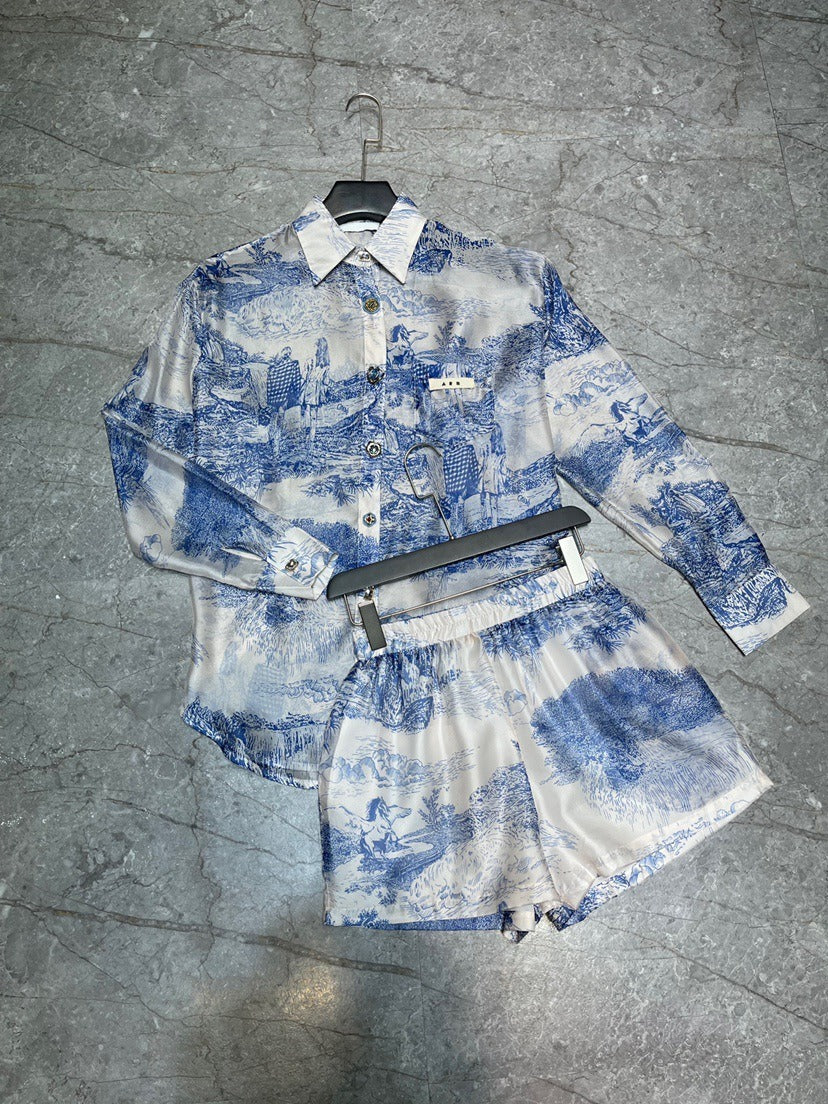 Two-piece Shirt & Shorts Set Made With a Cool Ink Landscape Painting Print Fabric