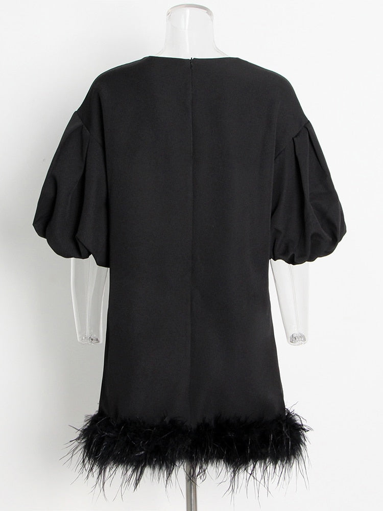 Stylish Mini Dress WIth Feathered Hem and  Lantern Sleeves