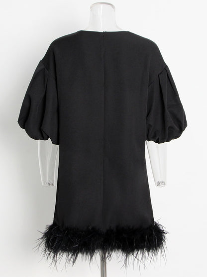 Stylish Mini Dress WIth Feathered Hem and  Lantern Sleeves