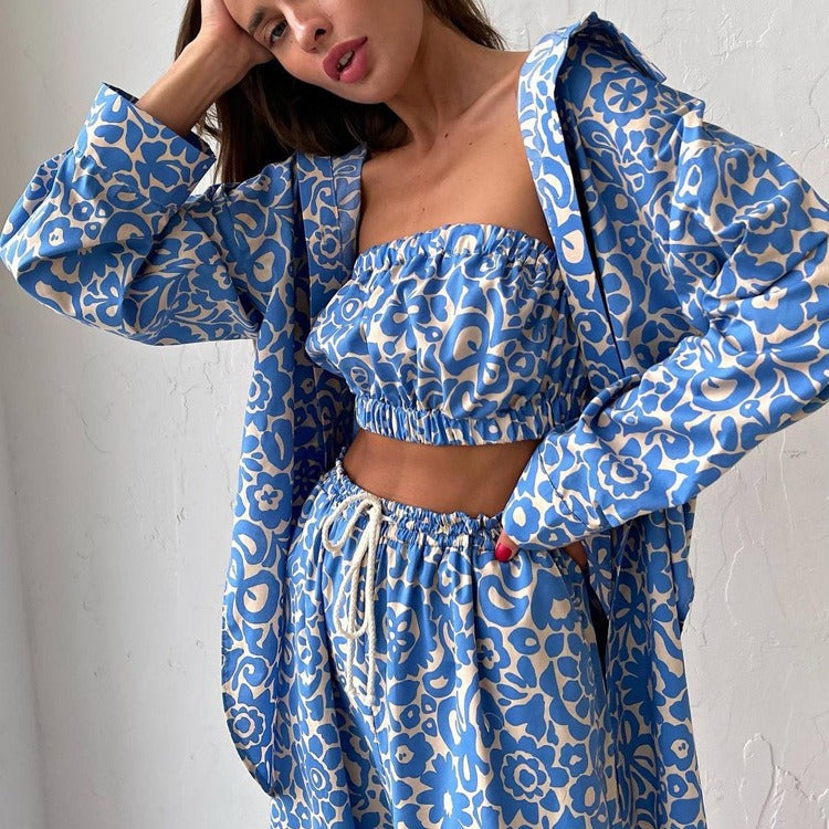 Floral Print Crop Top, Button-Up Shirt & Wide-Leg Pant Three-Piece Set