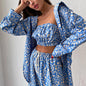 Floral Print Crop Top, Button-Up Shirt & Wide-Leg Pant Three-Piece Set