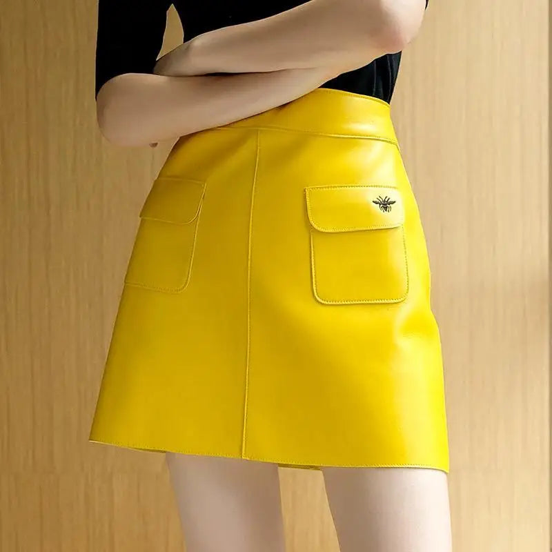 High Waisted Yellow Faux Leather A-Line Short Skirt