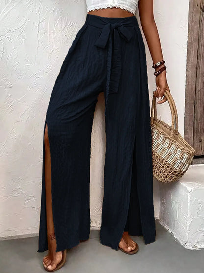 High-Waisted Wide-Leg Slit Pants with Self-Tie Waist (Black | Teal)