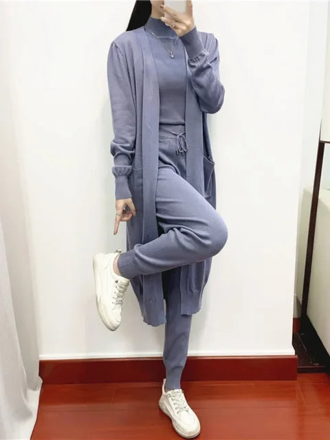 3 Piece Women's Casual Knit Suit of Matching Cardigan+ Vest +Pants