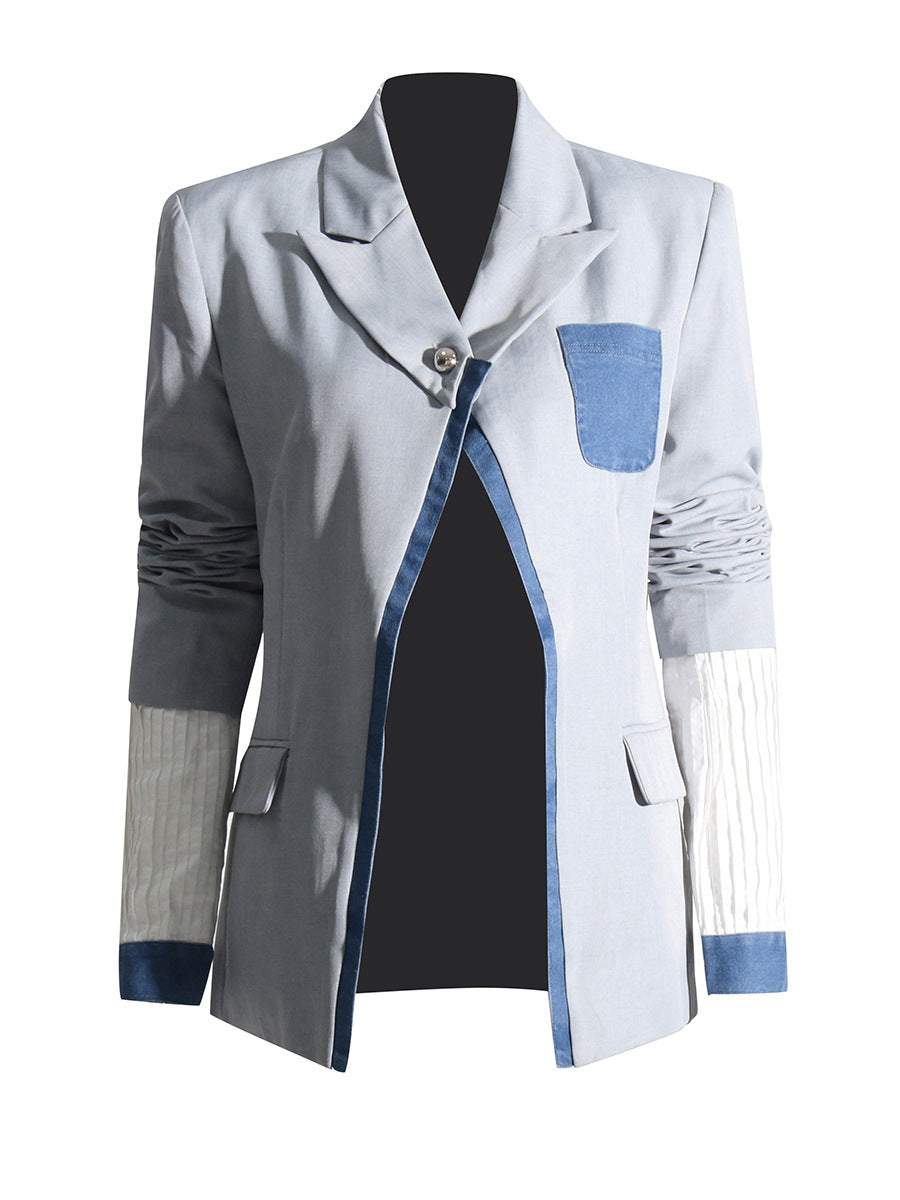 Denim Colorblock Chic Blazers For Women Notched Collar Long Sleeve Streetwear