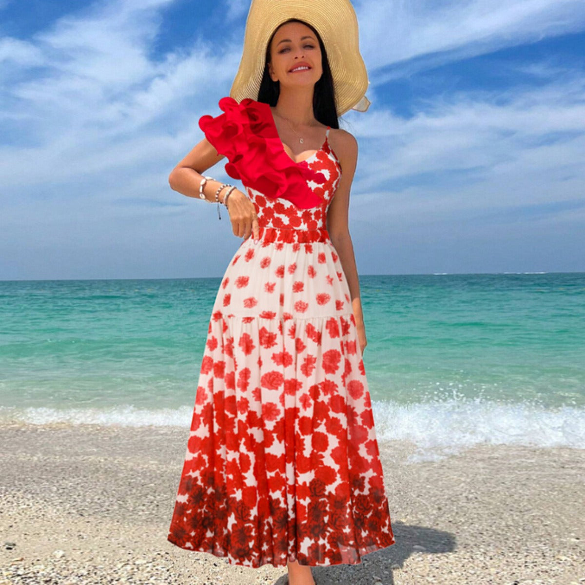 Red Bloom Ruffle One-Shoulder Swimsuit & Floral Maxi Skirt Set