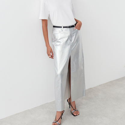 Silver Faux Leather High Waisted Ankle Length Skirts with Front Slit