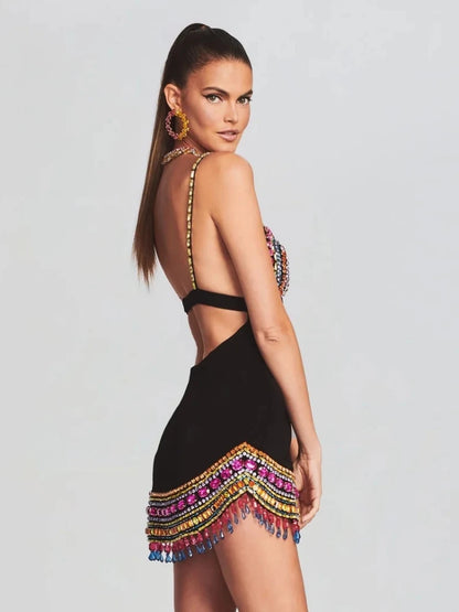 Rainbow Crystal Embellished Fringe-Hem Mini Dress