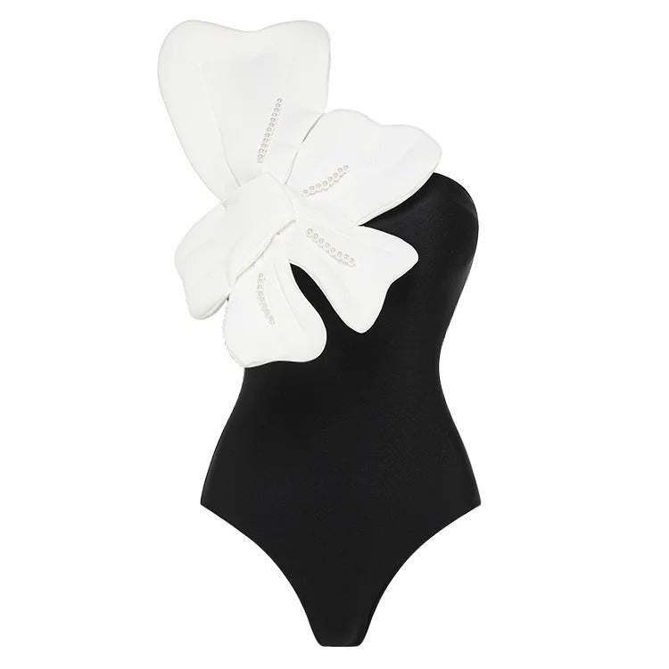 Statement  3D Butterfly Bow One-Piece Swimsuit & Black Ruffle Wrap Skirt