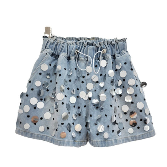 Women's Denim Short Elastic High Waist Wide Leg Loose Big Sequins Beading Short Pants  Summer New Fashion