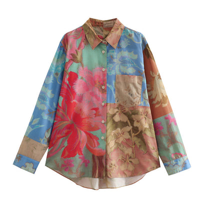 European and American color blocked printed loose shirt with lace up straight leg pants set