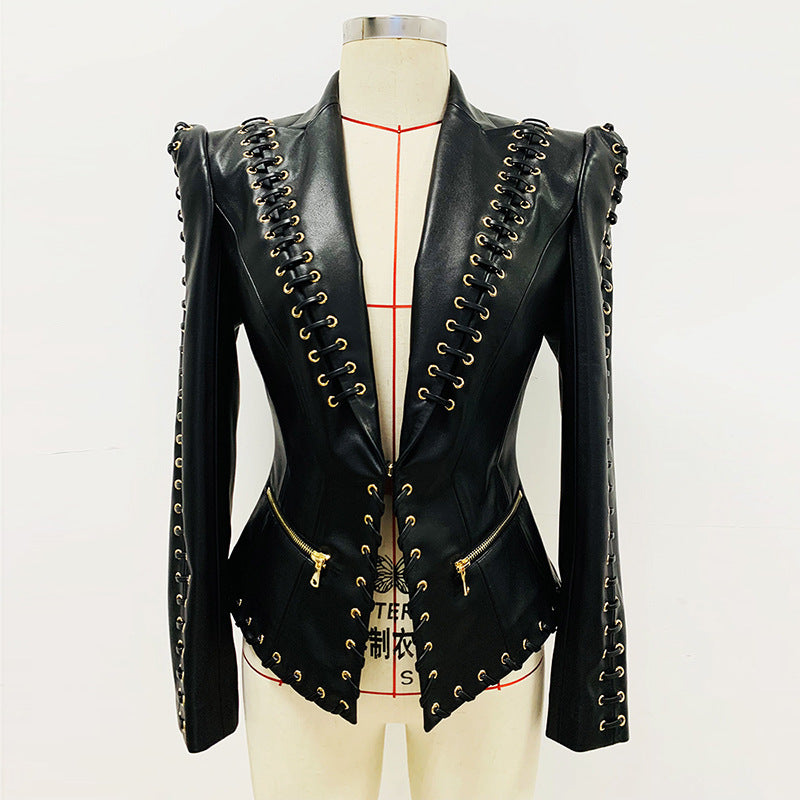 Rock Star Fitted Faux Leather Blazer with Cool Designer Detailing