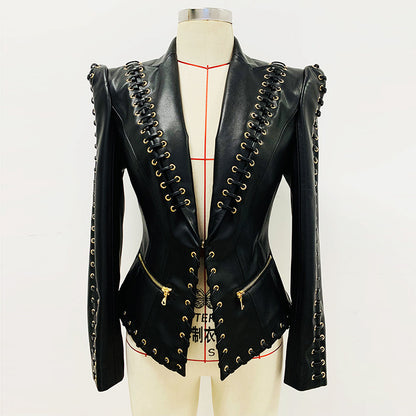 Rock Star Fitted Faux Leather Blazer with Cool Designer Detailing