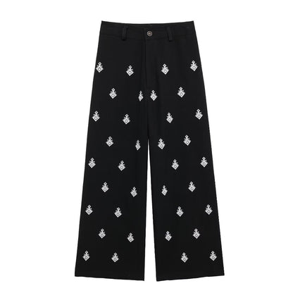 Embroidered Geo-Motif Linen-Blend Shirt & Wide-Leg Trouser Set