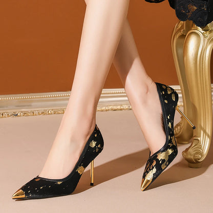 Gilded Splatter Pony-Hair Pointed-Toe Stiletto Leather Pumps
