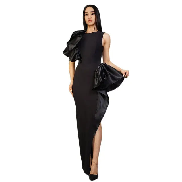 Stylish Ruffle Edge Elastic Slim Fit Black Evening Dress