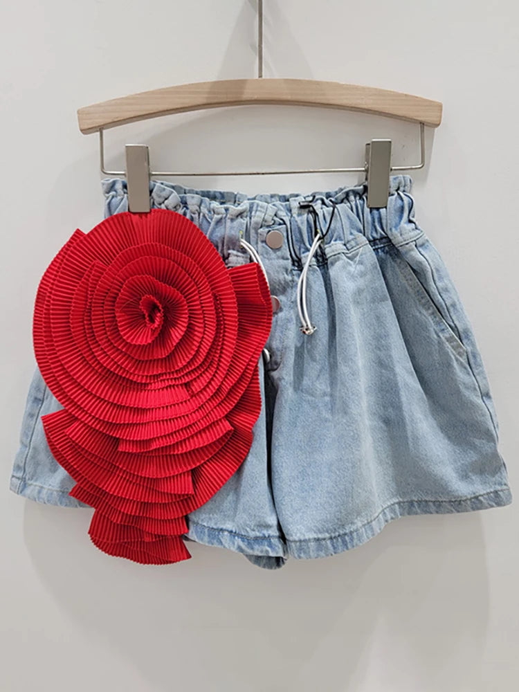 Women's Denim Shorts  With Elastic High Waist and  Flower Design