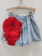 Women's Denim Shorts  With Elastic High Waist and  Flower Design