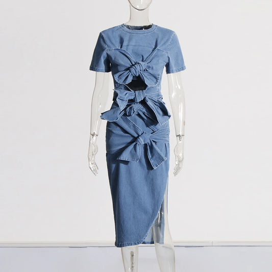 Trendy Round Neck Denim  Cropped Top+Denim  Skirt Two-piece Set With Bow Ties Design Details