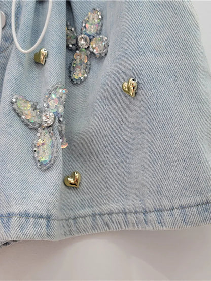 Women's Wide Leg Denim Shorts  Embroidered With Sequins