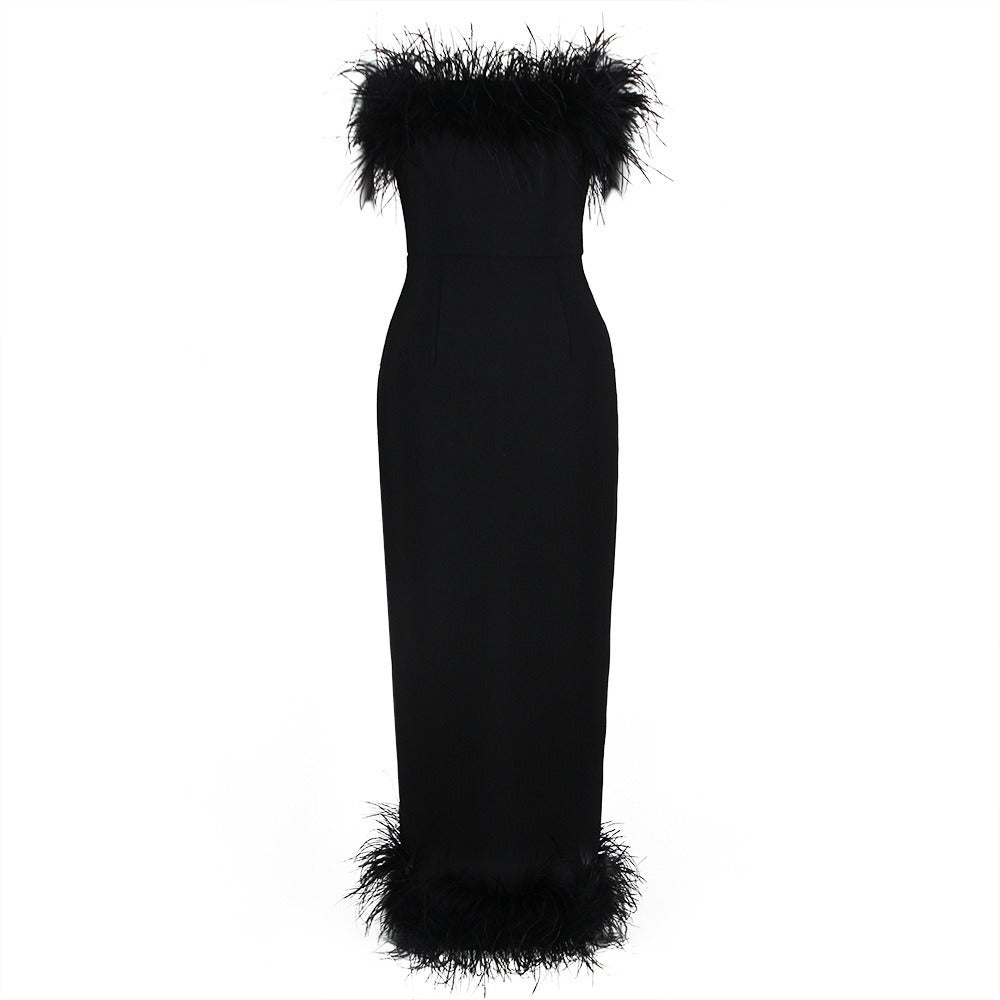 Elegant Sleeveless Dress with Feather Design on Hem and Bodice