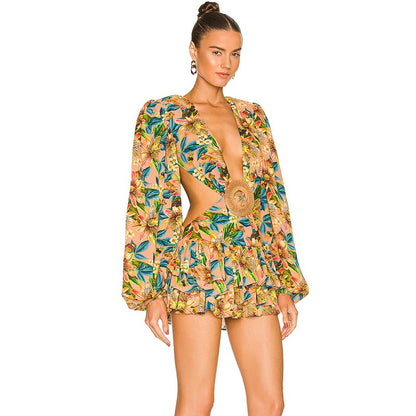 Sexy Women's Floral Deep V-Neck Sleeves Dress with Cutt-offs Designs