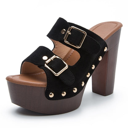 Chunky Buckle Platform Heels – Retro Wood Grain Block Sandals