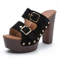 Chunky Buckle Platform Heels – Retro Wood Grain Block Sandals